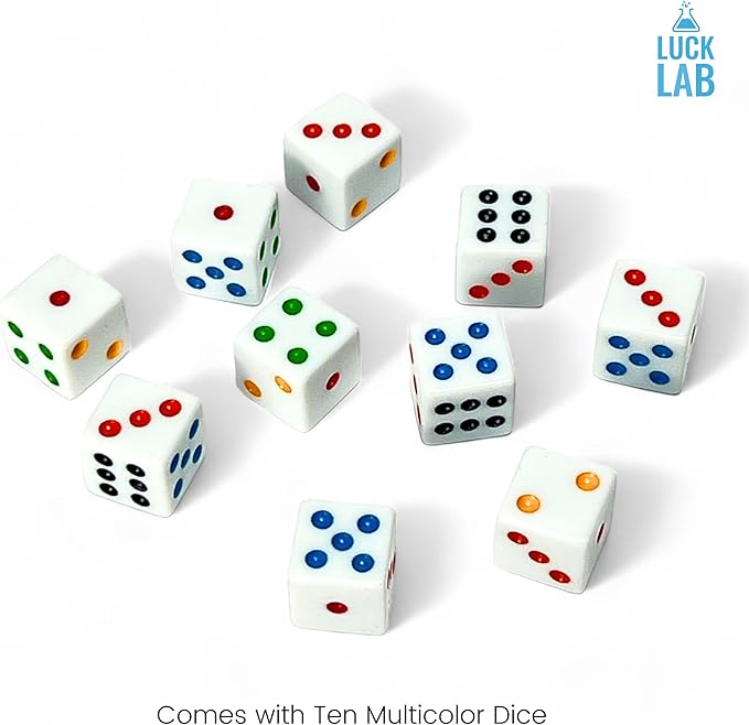 Luck Lab 10 Piece D6 Multicolor Pip Dice Pack - Acrylic 16mm Square Edge Standard Dice for RPG MTG DND Table Games and Board Games, Storage Bag Included (White Multicolor)