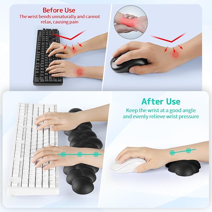 Cloud Wrist Rest for Keyboard and Mouse, Memory Foam PU Leather Keyboard Wrist Rest with Ergonomic Support, Non-Slip Base, Cute Arm Rest Pad & Palm Cushion, Office Desk Accessory, Black
