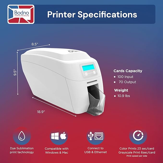 Bodno Magicard 300 Dual Sided ID Card Printer & Complete Supplies Package ID Software - Silver Edition
