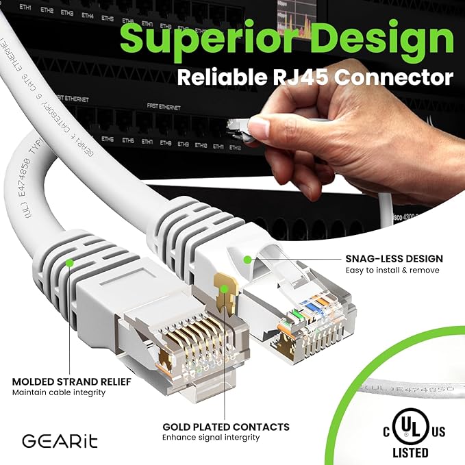 GEARit Cat 6 Ethernet Cable (1-Pack 100 Feet) Cat6 Network Patch, 10Gbps, RJ45, Snagless Cord, Gold-Plated Connectors, Internet for PC, TV, Tablet, Router, Printer, Servers, IT Data Center - White