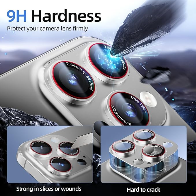 Camera Lens Protector for iPhone 16 Pro Max/iPhone 16 Pro/iPhone 15 Pro Max/iPhone 15 Pro/iPhone 14 Pro Max/14 Pro , [Military Grade Shatterproof][Full Coverage Metal] [Strong Adsorption] 9H Metal Tempered Glass Camera Screen Cover, [Case-Friendly], Si...