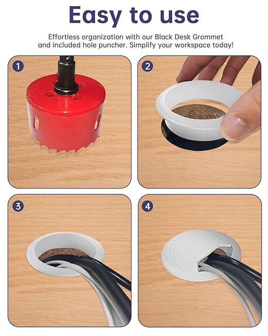 Desk Grommet 2 inch (50 mm) 10 Pack - White ABS Plastic Cable Hole Cover with Hole Cutter for TV, Office, and Home Table - Hide Wires Behind Wall, TV Wall Cable Pass Through
