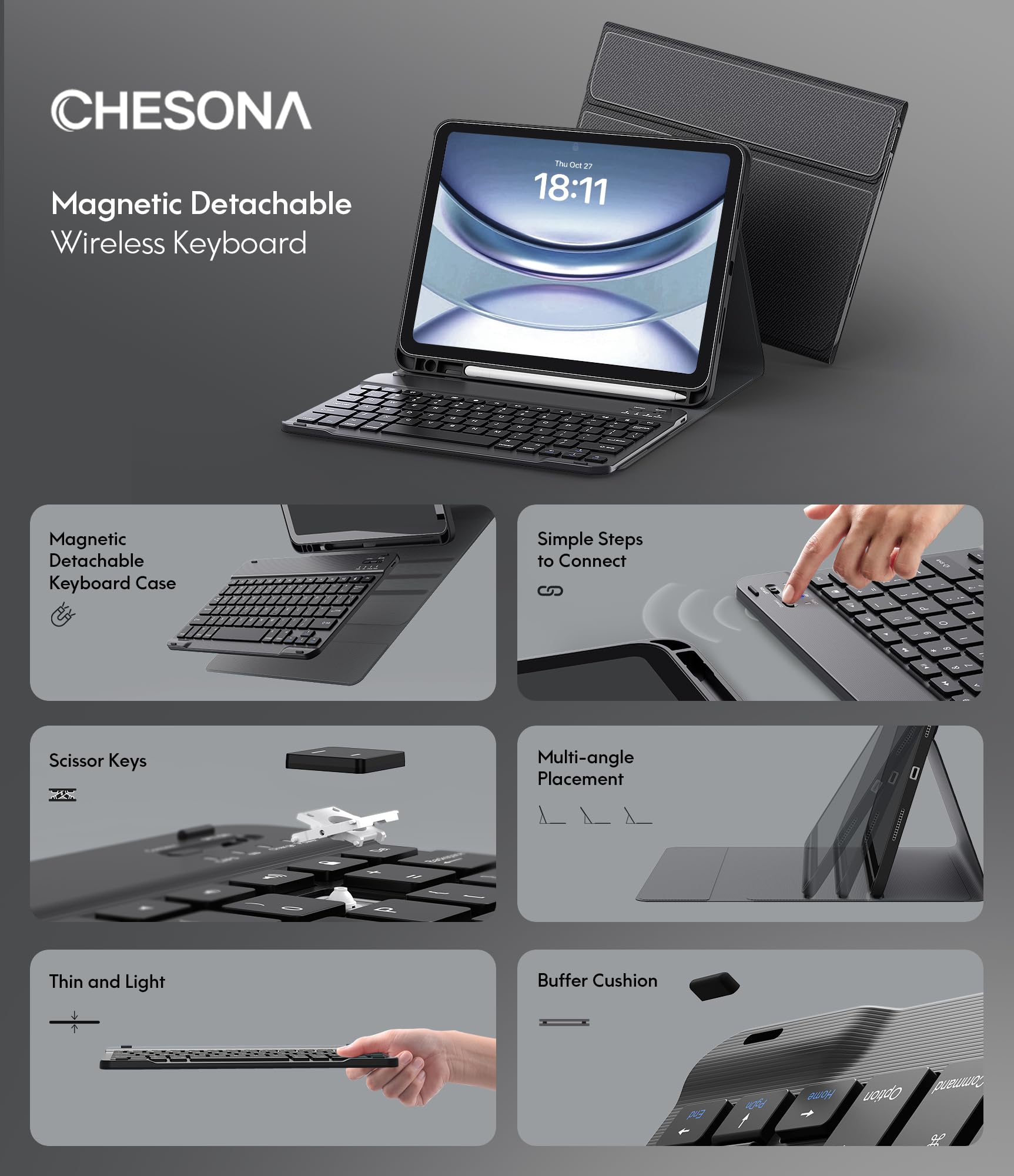 CHESONA Keyboard Case for iPad A16 11th/10th Gen, Black