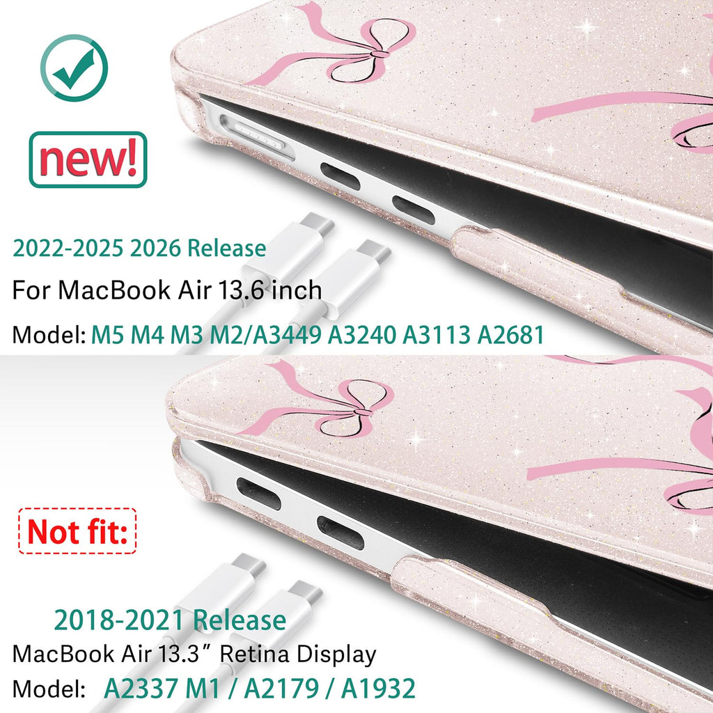 May Chen Case for MacBook Air 13/13.6 inch M5 A3449 M4 A3240 M3 A3113 M2 A2681, 2026 2025 2024-2022, Plastic Hard Shell with Keyboard Cover & Screec Protector, Sakura Pink Glitter Bow