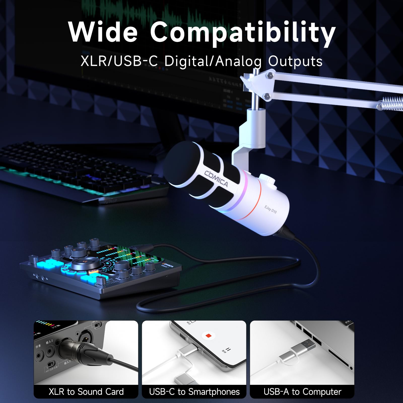 COMICA EJoy D10(A) USB/XLR Dynamic Gaming Mic with Boom Arm, Noise Cancel