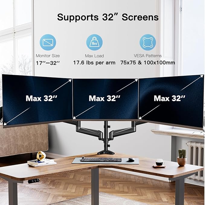 HUANUO Triple Monitor Mount for 17 to 32 inch Screens, Gas Springs Adjustment Triple Monitor Stand with Swivel, Tilt, Rotation, Clamp & Grommet Kit (Black)