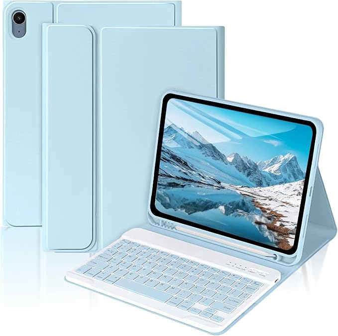 MMK iPad A16 Case (2025, 11"), iPad 10th Generation Case with Keyboard (2022, 10.9"), Wireless Detachable Keyboard, Pencil Holder (Blue)