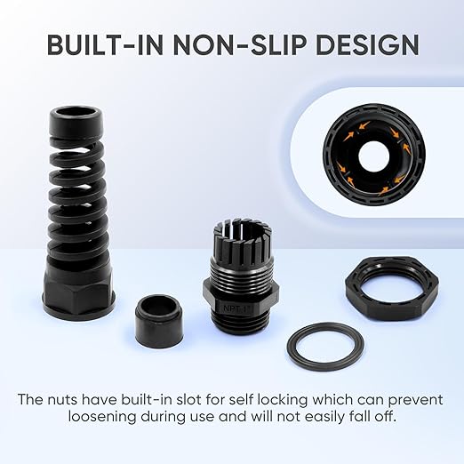 Strain Relief Cord Connector,LISTENJIALE 2Pcs NPT 1" Waterproof Cable Gland Flex Spiral Strain Relief Adjustable 18-25mm Cable Connector Nylon Joint with Gaskets(Black)