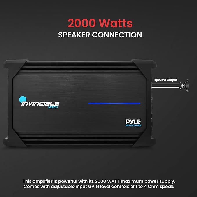 Pyle 1Channel 2000W Class D Car Audio System Amplifier, 14"Invincible Monoblock Series Amp, Advanced Protection Circuitry, PWM Power Supply, 5-Way Protection, Lightweight & Compact Design, LPF Control