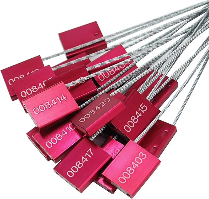 Leadseals(R) 50 Red Steel Cable Seals Metal High Security Seals Numbered Truck Trailer Seal Anti-Tamper Pull-Tite Security Tags Aluminum Body Transport Shipping Seal Self-Locking Safety Ties ISO 17712