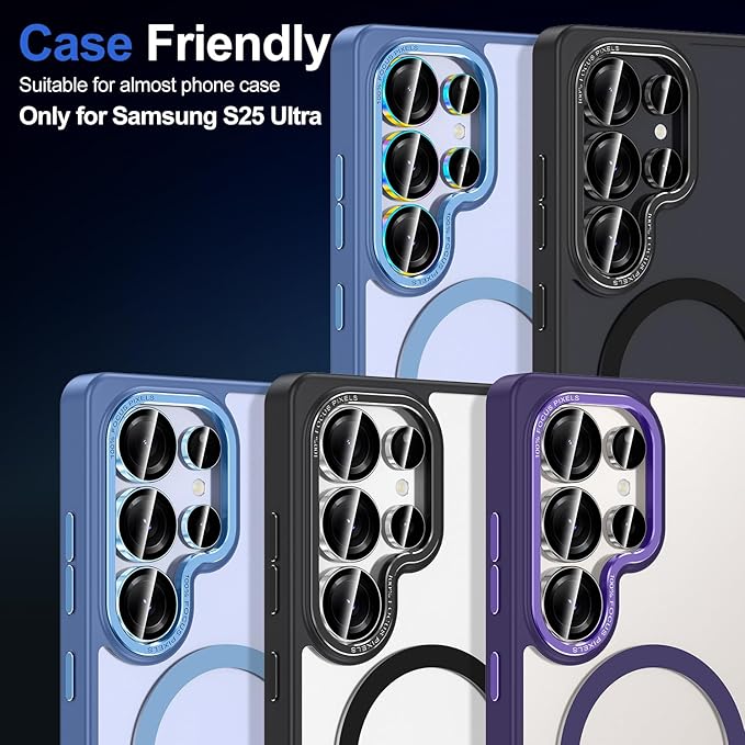 for Samsung Galaxy S25 Ultra Camera Lens Protector, Individual Metal Ring Tempered Glass Lens Cover, [Strong Adsorption] Scratch Resistant Ultra-Thin HD Clear Lens Cover, 1 Set-Blue Ring