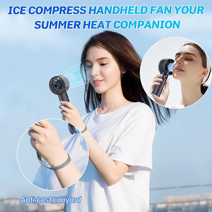 2025 Portable Handheld Ice Fan, Turbo Cooling Fans, 5200mAh, 100 Gear Hurricane Wind, ANC Silent Motor, Digital Display, USB C Rechargeable, Mini Icy Personal Electric Fan for Outdoor & Indoor (Black)