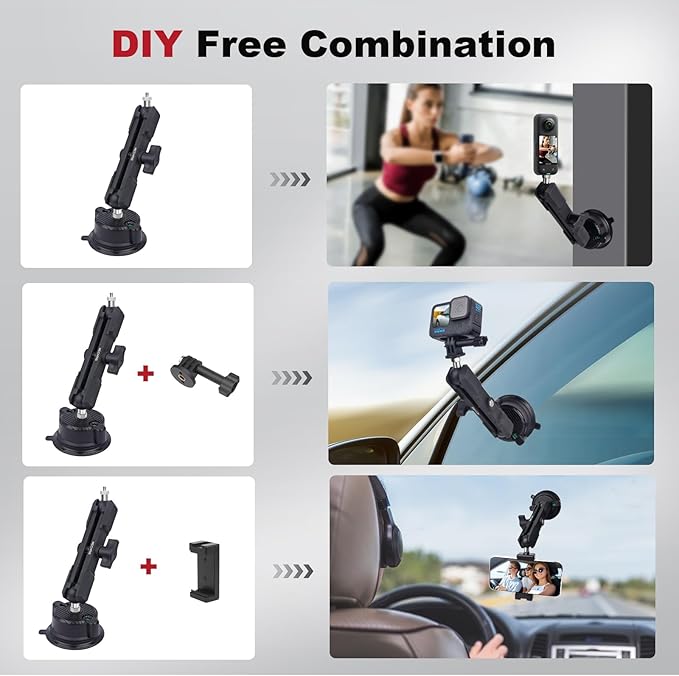 Camera Suction Cup Mount with Ball Head Magic Arm, Universal 360°Vacuum Suction Cup Mount for Action Cameras/GoPr0 Hero 13/DJI Osmo X4/Phone Holder on Car Windshield,Dashboard-Video Shooting,JC028