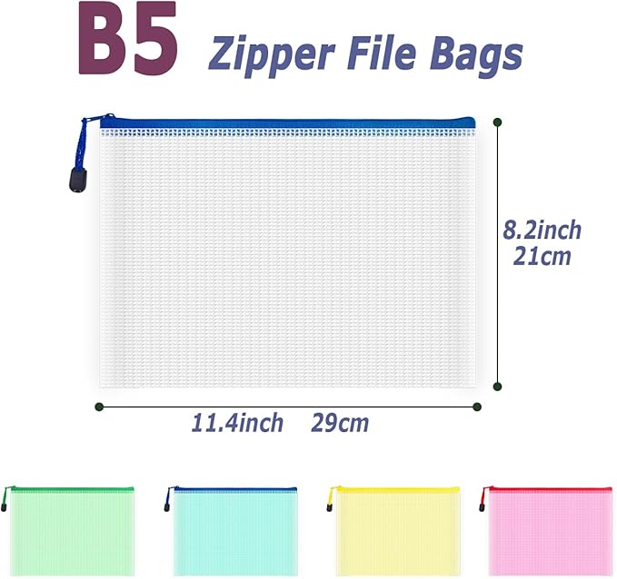 AUSTARK 10 Pcs Zipper File Bags, Waterproof Plastic Mesh Pouch for Office School, Board Game Storage Bags (B5 Size 11.4''x8.2'', Multicolored)