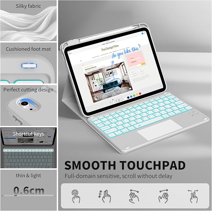 JKSML for iPad(A16) 11th/10th Generation Case with Keyboard (11/10.9 inch) 2025/2022, 7 Color Backlight Detachable Bluetooth Cover with Trackpad, Flip Stand Case Thin with Pencil Holder, Haze Gray