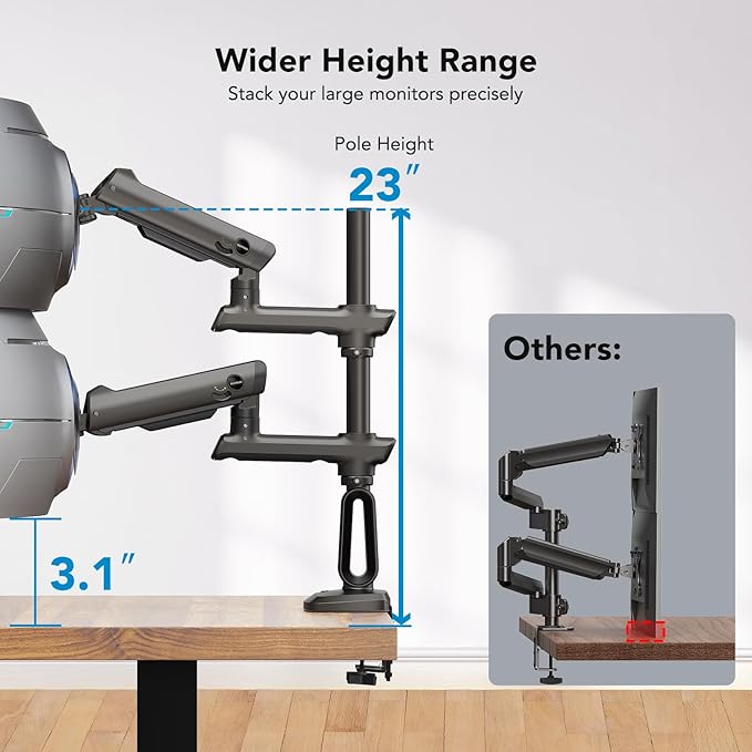 HUANUO Dual Monitor Arm for 13-49" Ultrawide Screens up to 40 lbs, Heavy Duty Aluminum Extra Tall Monitor Desk Mount, Vertical Stacked Fully Adjustable Dual Monitor Mount, Max VESA 100x100