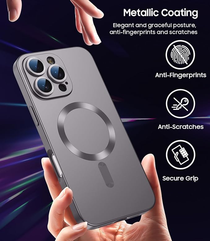 Magnetic for iPhone 16 Pro Case [Compatible with MagSafe][Built-in Camera Lens Protector] Slim Soft Silicone Bumper Shockproof Metallic Phone Case (Titanium Gray)