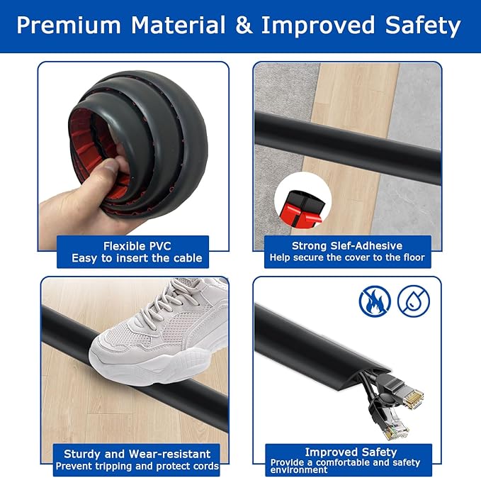 6ft Floor Cord Cover,Cord Hider Floor Black,Extension Cable Cover Power Cord Protector Floor,Floor Cable Management Prevent Cable Trips,Cord Protector Cord Cavity:0.47" (W) x 0.24" (H)