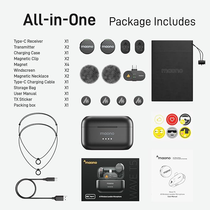 MAONO Wireless Lavalier Microphone for iPhone 16/15/Android/Tablet, USB C Plug Mini Mic with 48KHz 24Bit, 300m Range, Voice Filter, Noise Cancellation, 30H Use for Video Recording, Streaming - Wave T5