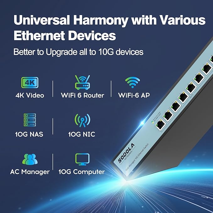 SODOLA 8 Port 10Gb Easy Web Managed Switch, 8 x 10G RJ-45 Ports, 160Gbps Bandwidth, Support LACP, VLAN, QoS, 10G/5G/2.5G/1000M/100M Auto-Negotiation, Multi-Gigabit Managed Ethernet Switch