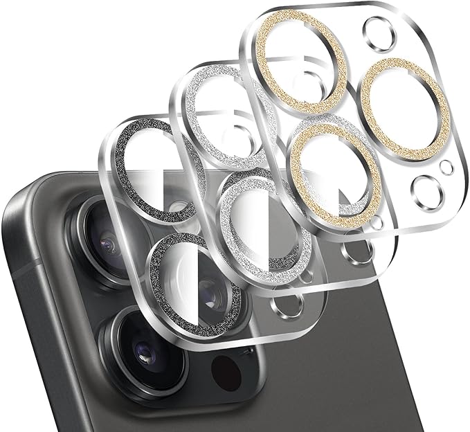 LucBuy 3PCS Sparkling Camera Lens Protector for iPhone 13 Pro/iPhone 13 Pro Max, Full Clear Acrylic Cover with Shiny Colorful Glitter Designed Decoration Back Camera Protector