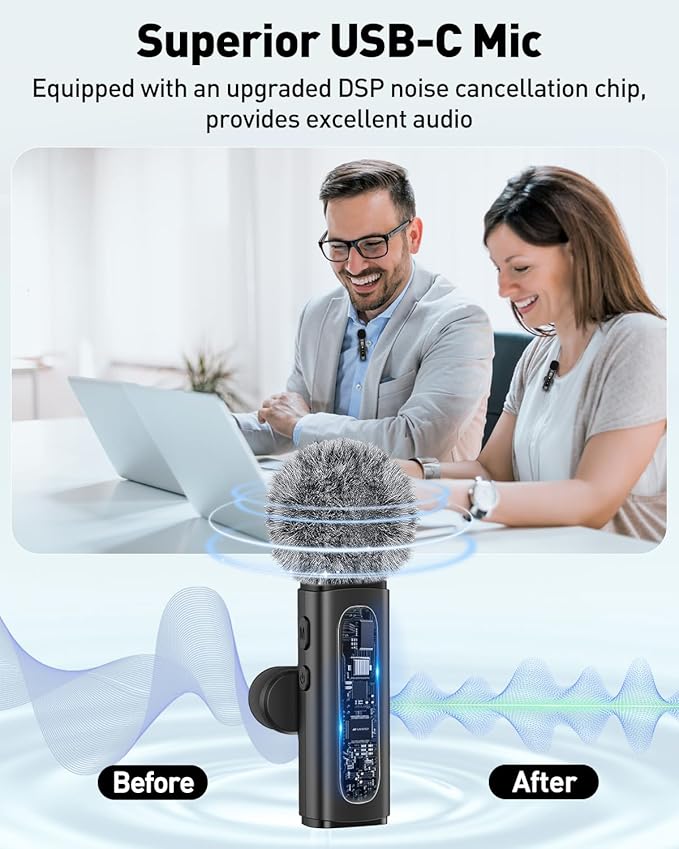 USB C Lavalier Microphone Wireless Mini Mic for Type-C Android Phone/Tablet/PC Video Recording Clip-on Mics with Rotatable Clip&Denoise Recording, Ideal for Vlog Tiktok Youtube Podcast Content Creator