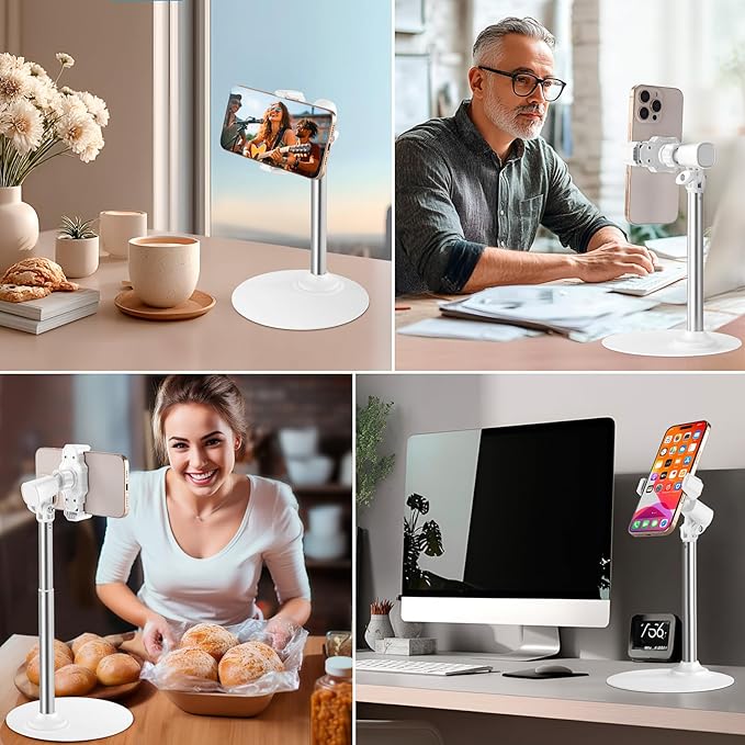 Adjustable Phone Stand for Desk with Clip Mount Live Streaming: 360° Rotatable Overhead Shot Holder with Sturdy Metal Base, Compatible with TikTok, YouTube, Zoom Video Recording (White)
