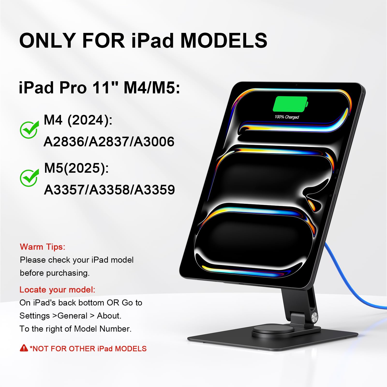 GEWOKLIY Magnetic iPad Pro M4&M5 11-inch Stand with Wireless Charging 18W, 360° Rotating Aluminum Tablet Holder for iPad Pro M4/M5 11-inch, Adjustable Desk Mount Series (M4/M5-11inch)