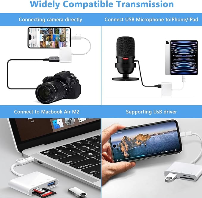 SD Card Reader for iPhone iPad Mac, Lightning & USB-C Dual Interface Memory Card Reader with SD/Micro SD/USB-A 3 Slots, Digital Camera Adapter to iPhone, Plug & Play
