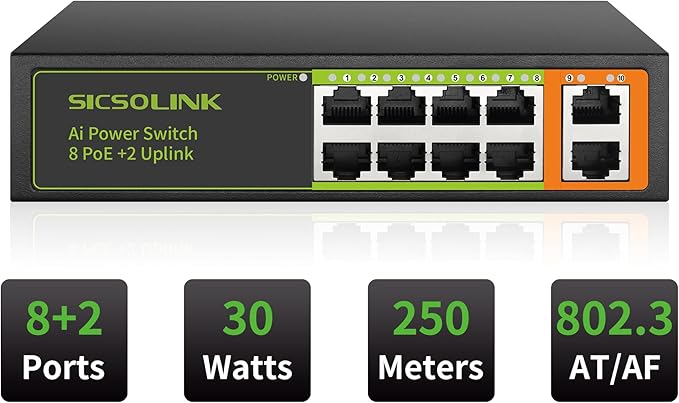 8 Ports PoE+ Ethernet Switch 2 Uplink 802.3af/at 120W Total Power 100Mbps Network Hub 20 Gbps Switch Capacity Unmanaged PoE Switch Suitable for IP Cameras Home & Office.