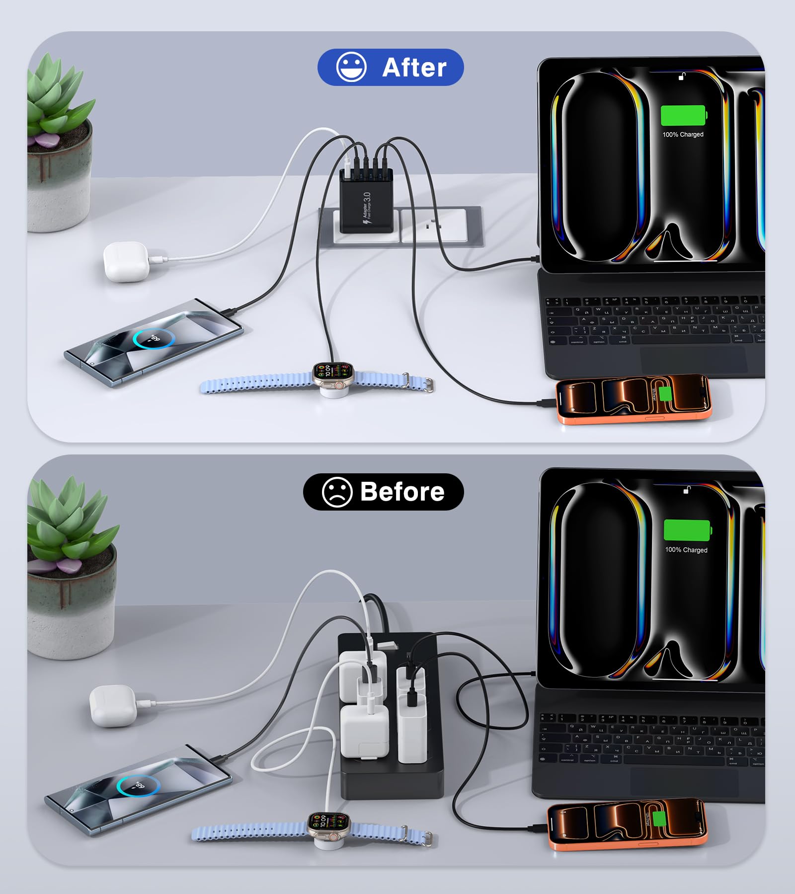 [2-Pack] USB C Wall Charger, 60W Type C Charger Block 5-Port Fast Charging Blocks,3USB C+2USB A Multiport Plug,PD Power Adapter Brick Cube for iPhone 17/16/15/14/13/Pro,iPad,Samsung,for Switch（Black）