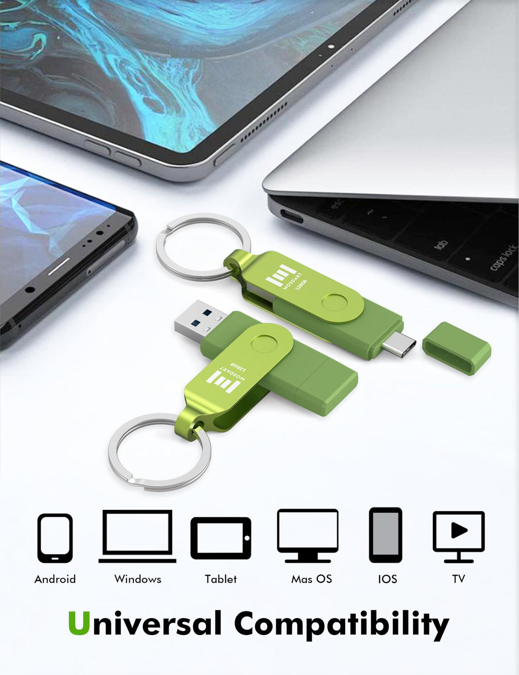MOSDART 128GB USB C & A 3.2 150MB/s Dual Flash Drive with Keychain, Green
