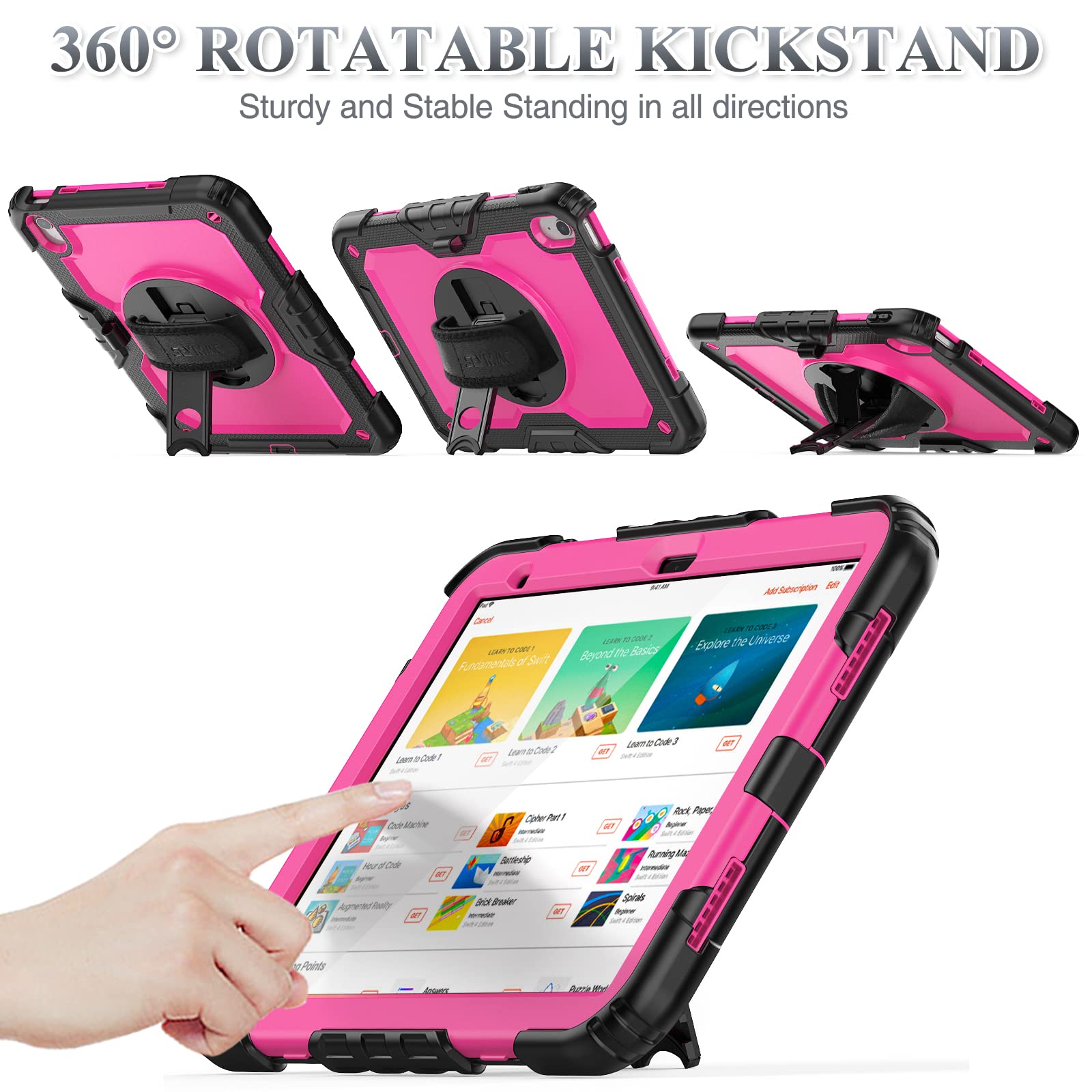 SEYMAC stock Case for iPad (A16) 11th/10th Generation 11''/10.9'' 2025/2022, Full-Body Drop Protection Case with Screen Protector &360° Rotate Hand Strap/Stand, Pink+Black