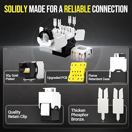 AMPCOM CAT6 RJ45 Keystone Jack - Reusable UTP Ethernet Wall Jack with Adjustable Ratchet Lock Design, No Tool and Zip Tie Required - 50u Gold Plated - Black (2-Pack)