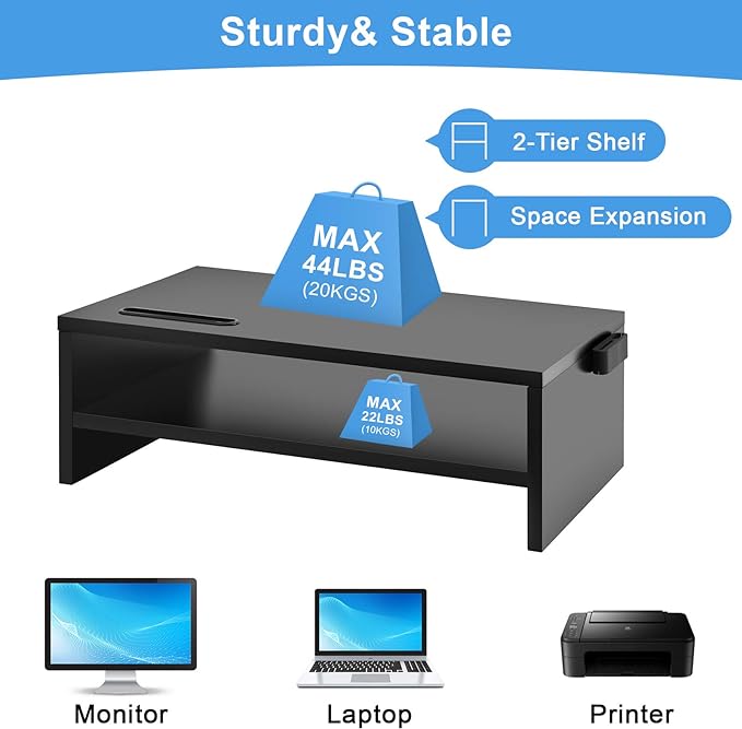 Marbrasse Monitor Stand Riser, 2 Pack 16.5 Inch 2 Tier Computer Monitor Stand, Printer Shelf Stand for Laptop Computer Screen Storagek,Desktop Stand with Phone Holder and Cable Management