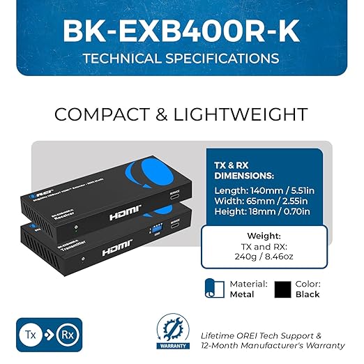 OREI 4K @ 120Hz HDMI Over Ethernet Extender Balun - HDBaseT UltraHD 8K@30hz CAT6/7 Cable with HDR, CEC & IR Control, RS-232 Up to 400 Ft Power Over Cable Audio Out (BK-EXB400R-K)