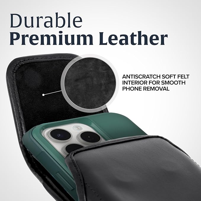 Turtleback Belt Clip for iPhone 16 Pro Max, 15 Pro Max, 14 Pro Max -Medium- Fits w/Shockproof Commuter Style Cases, Premium Black Leather Vertical Belt Holder, Magnetic Closure HD Rotating Clip