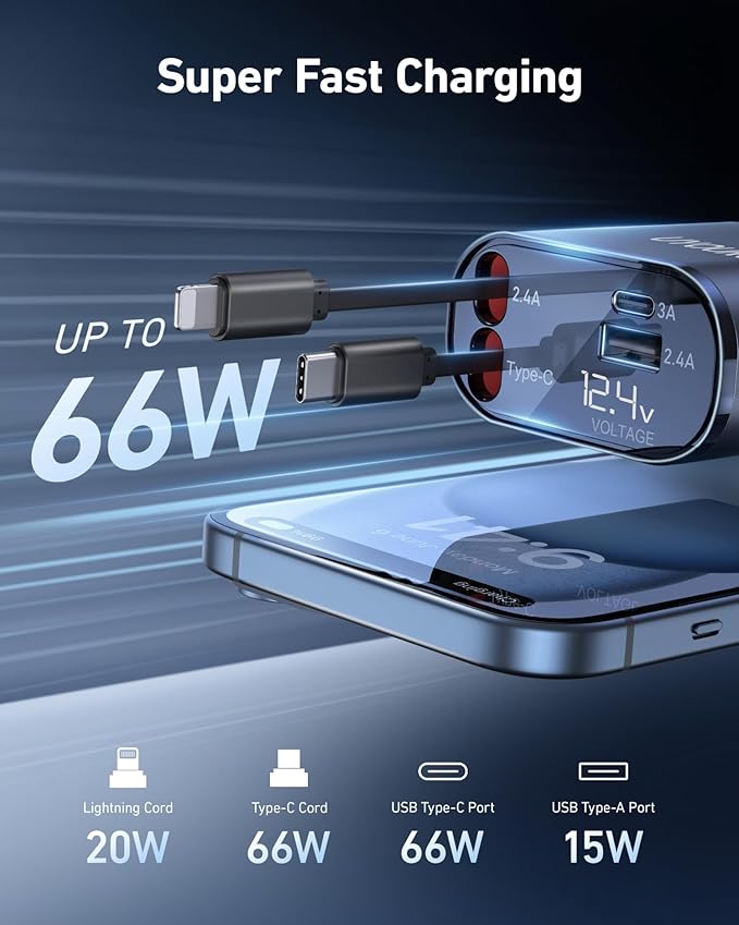 Car Phone Charger Adapter 2Pack Retractable Car Charger 4in1 Fast Charging Dual Retractable Cables 31.5 Inch Multiple Ports Charging Station Compatible with iPhone 16/15/14/13/12/11 Pro Max/Samsung