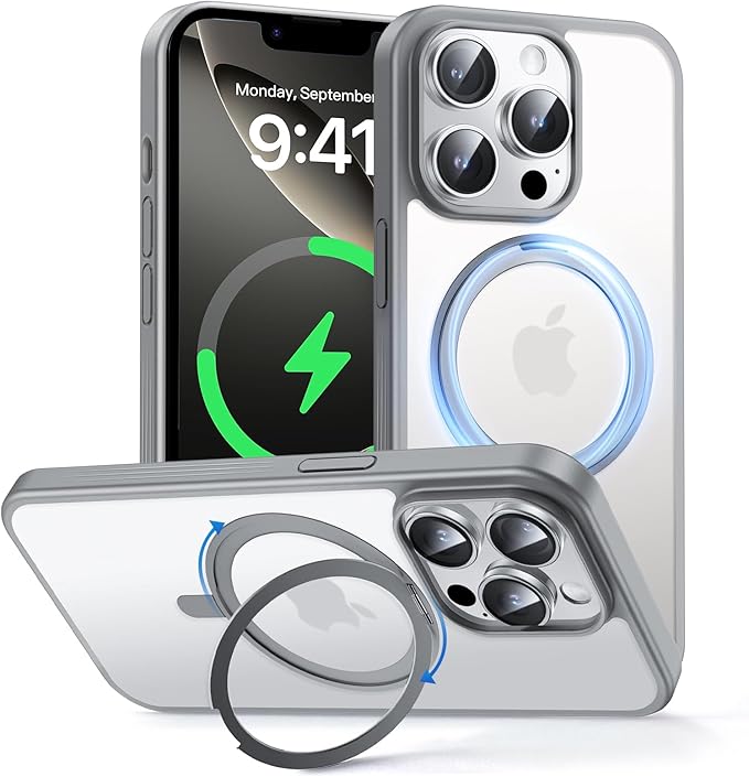 MAGIC JOHN 360° Rotatable Magnetic Invisible Stand for iPhone 14 Pro Max Case [Anti-Slip Grip] [Compatible with MagSafe] 16FT Shockproof for iPhone 14 Pro Max Case with Kickstand, Gray