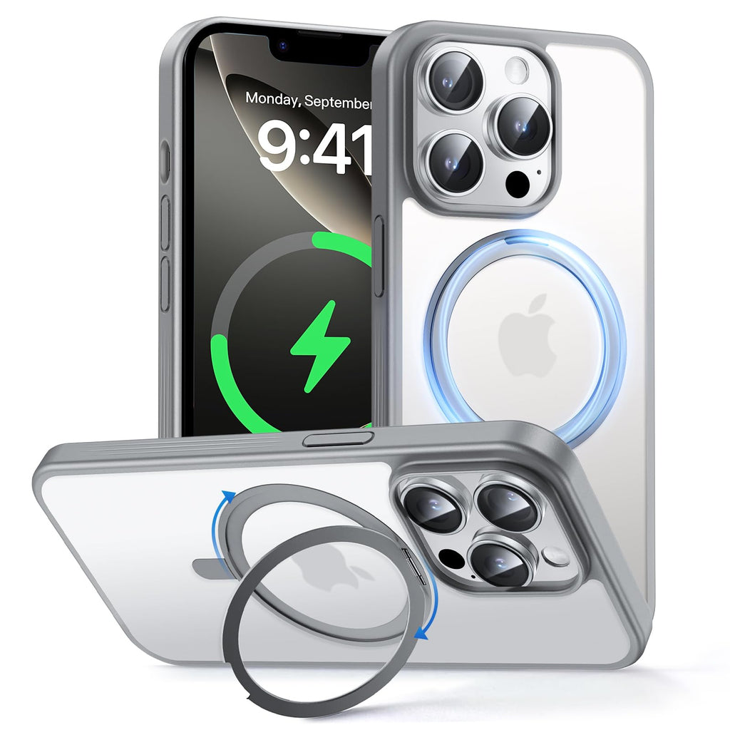 MAGIC JOHN 360° Rotatable Magnetic Invisible Stand for iPhone 14 Pro Max Case [Anti-Slip Grip] [Compatible with MagSafe] 16FT Shockproof for iPhone 14 Pro Max Case with Kickstand, Gray