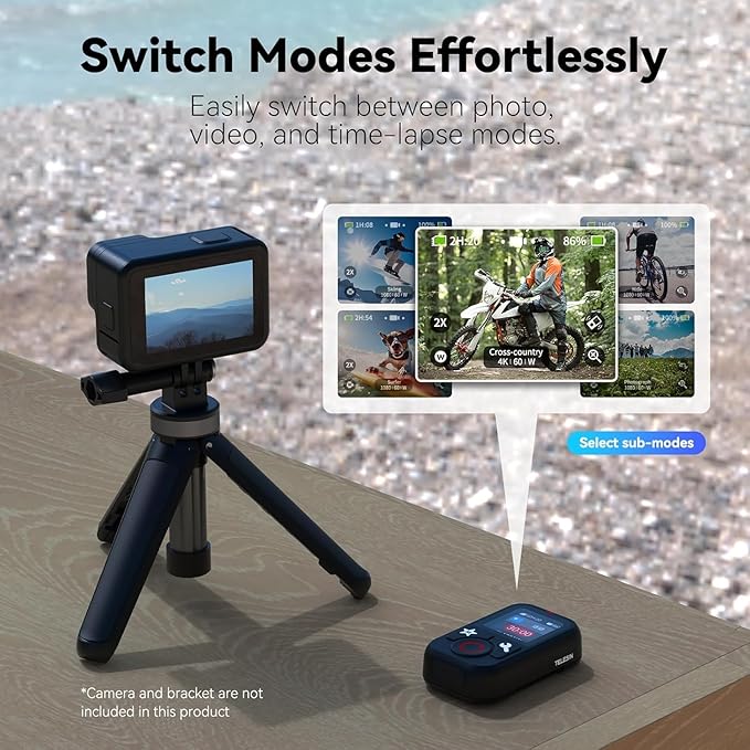 TELESIN T13 Waterproof Smart Remote Control with Color LCD Screen, 5-60m Wireless Remote with Wrist Strap, Compatible with GoPro Hero 13/12/11/10/9/8 Action Cameras