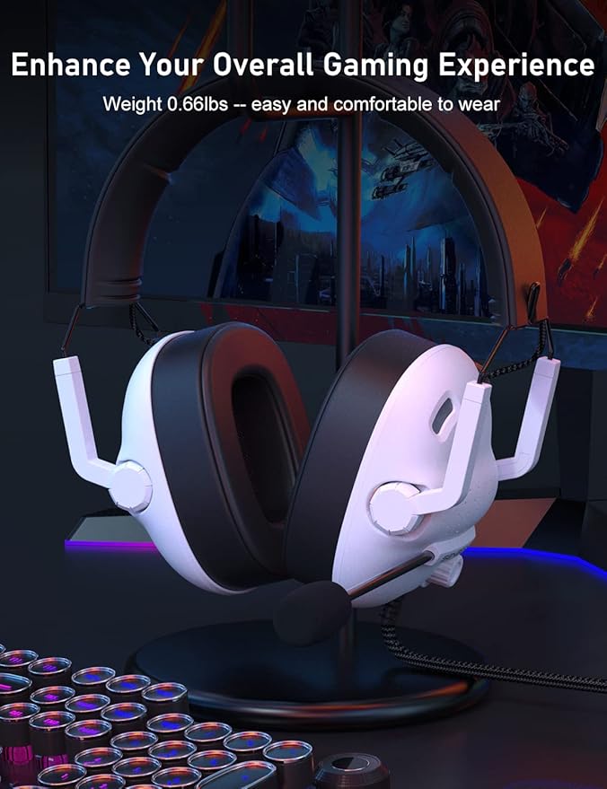 SENZER SG500 Surround Sound Pro Gaming Headset with Noise Cancelling Microphone - Soft Memory Foam Padding - Portable Foldable Headphones for PC, PS4, PS5, Xbox One, Switch - White