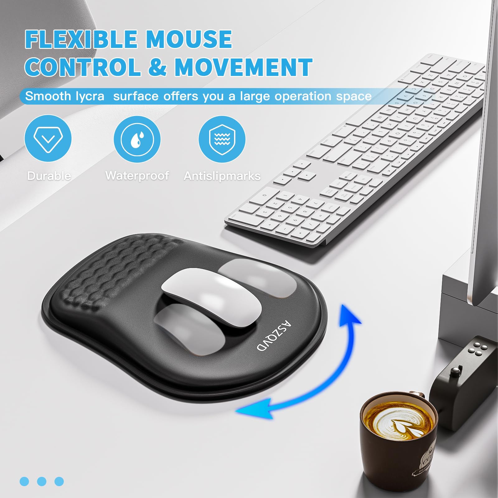 Aszqvd Mouse Pad with Wrist Rest, Ergonomic Mousepads with Wrist Support, Soft Lycra Fabric Memory Foam Office Desk Accessories for Comfort/Pain Relief/PC Gaming/Computer/Laptop (Black)