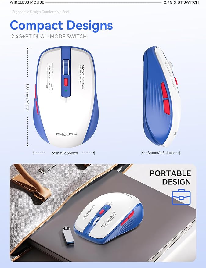 Wireless Mouse (Bluetooth & 2.4GHz USB) with Forward/Backward Side Keys, Silent Click, Ergonomic Portable AA Battery Mice for Laptop/Mac/iPad - Office & Travel Use, White & Blue