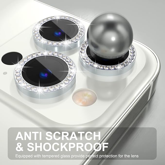 Choiche [3+1 for iPhone 14 Pro/iPhone 14 Pro Max Camera Lens Protector Bling, 9H Tempered Glass Camera Cover Screen Protector Metal Ring Decoration Accessories (Diamond-Silver)