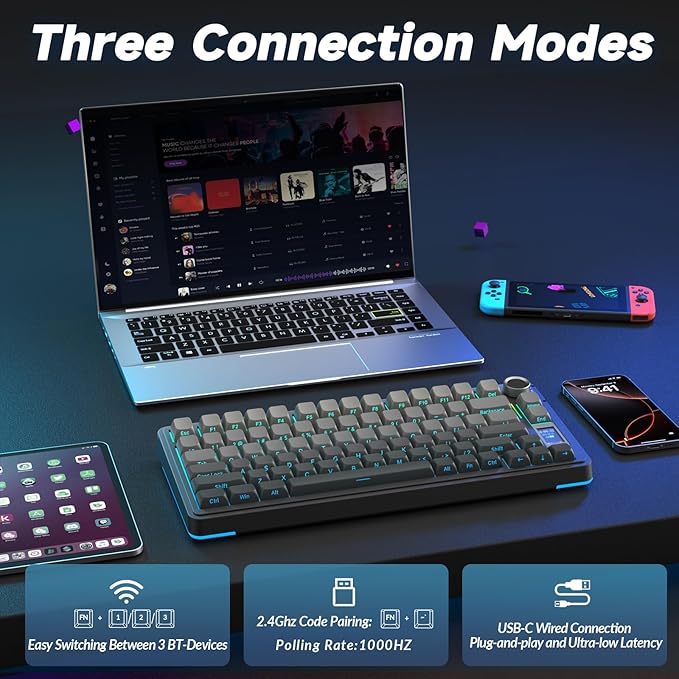 AULA S75 PRO Wireless Gaming Keyboard with Screen & Knob, Tri-Mode Hot Swappable Mechanical Keyboard 75%, Pre-lubed Switches, RGB Backlit, Side Printed PBT Keycaps, Creamy Sounding Computer Keyboards