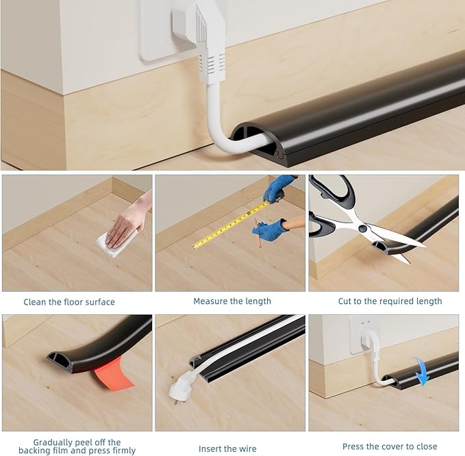 4ft Side Buckle Floor Cord Cover for Wires, Selfadhesive Extension Cord Hider Easy Floor Cable Management Prevent Cable Trips,Silicone Floor Wire Covers for Cords, Cable Protector Cord Cavity（Black）