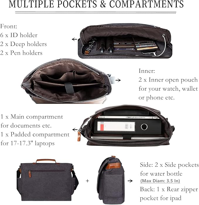 ESTARER Laptop Messenger Bag 17-17.3 Inch Water-resistant Canvas Shoulder Bag for Work College, Grey