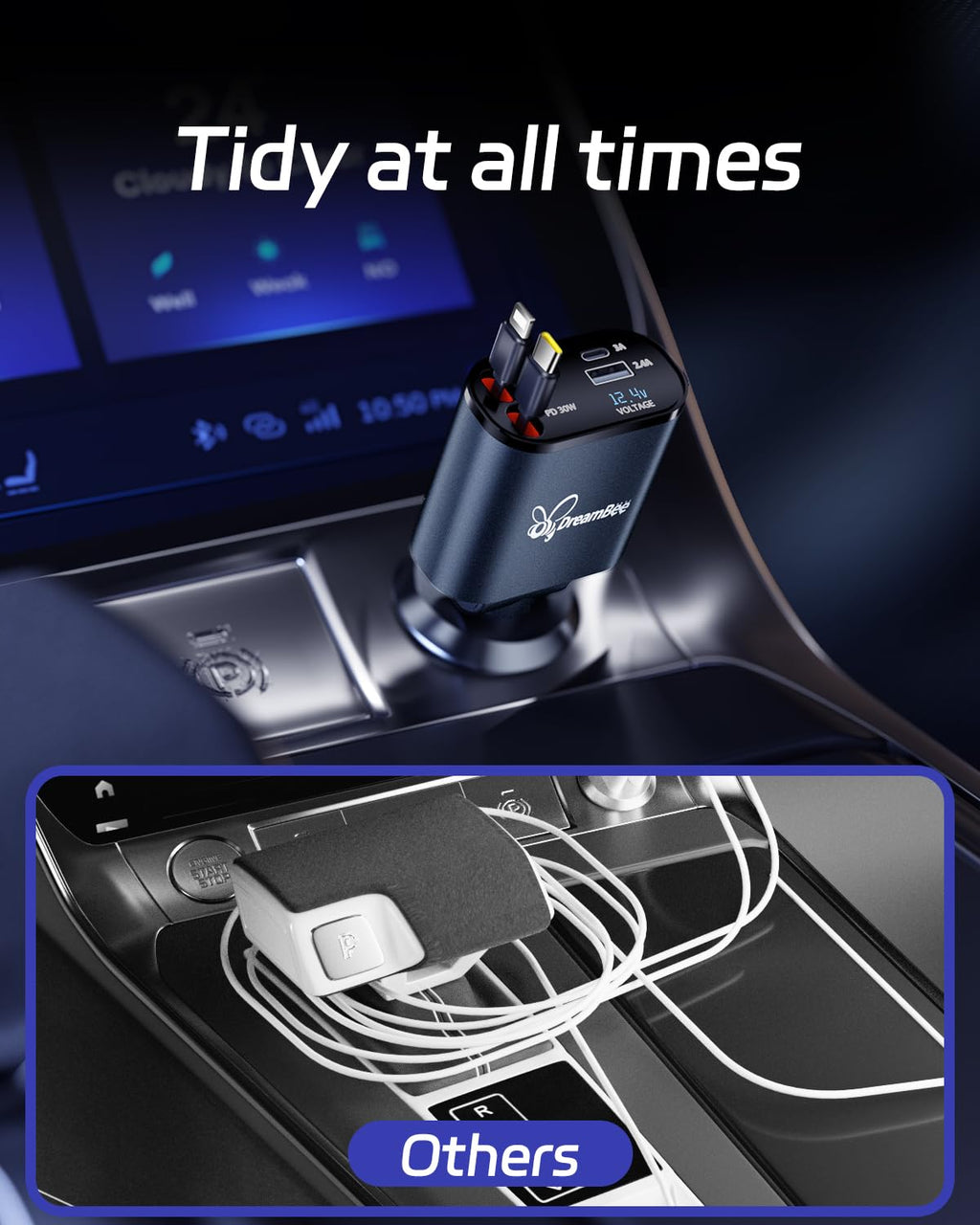 DreamBee Retractable Car Charger,66W 4 in 1 Super Fast Charge Car Phone Charger,Retractable Cables (31.5 inch) and 2 USB Ports Car Charger Adapter for iPhone 17/16/15/14/13/12 Pro Max XR,iPad,Samsung
