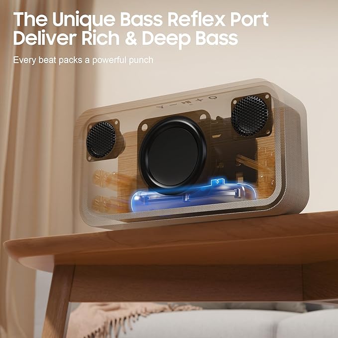 Portable Bluetooth Speaker with Deep Bass, 40W(Peak),Bluetooth 5.3,15-Hour Playtime, AUX, TF Card, 2 Way Stereo Sound Wood Home Audio for Indoor, Party, Outdoor, Camping